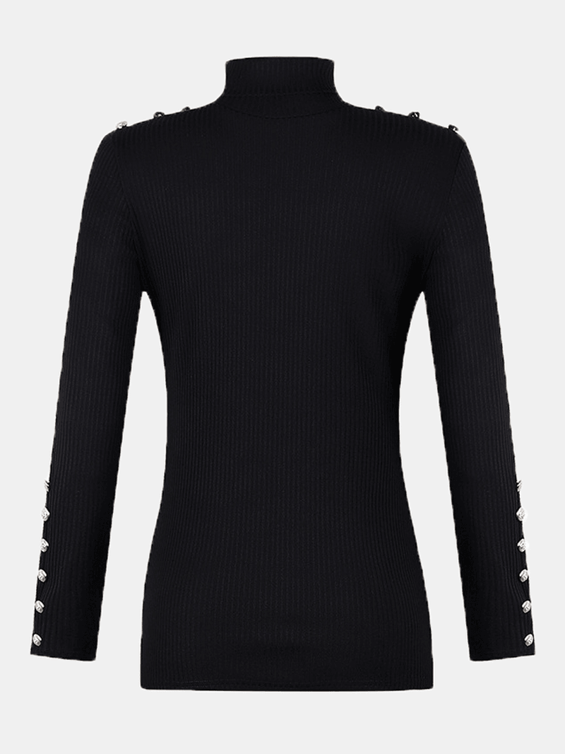 Women Turtleneck Solid Color Button Long Sleeve Basic Sweater - MRSLM