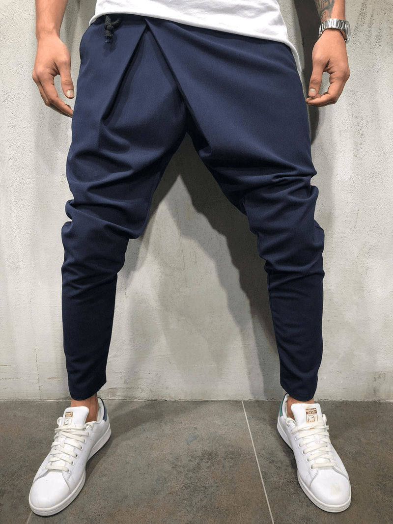 Men's Casual Pants with Drawstring Waist and Asymmetrical Hem - MRSLM