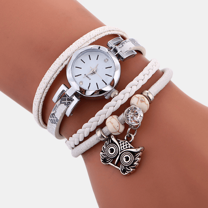 Bohemian Cute Owl Leather Bracelet Watch Ethnic Metal Rhinestone Multi-Layer Wrist Watches - MRSLM