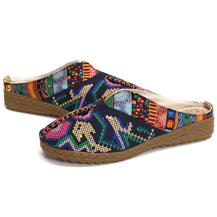 Women Flax Casual Outdoor Embroidery Flat Slipper Shoes - MRSLM