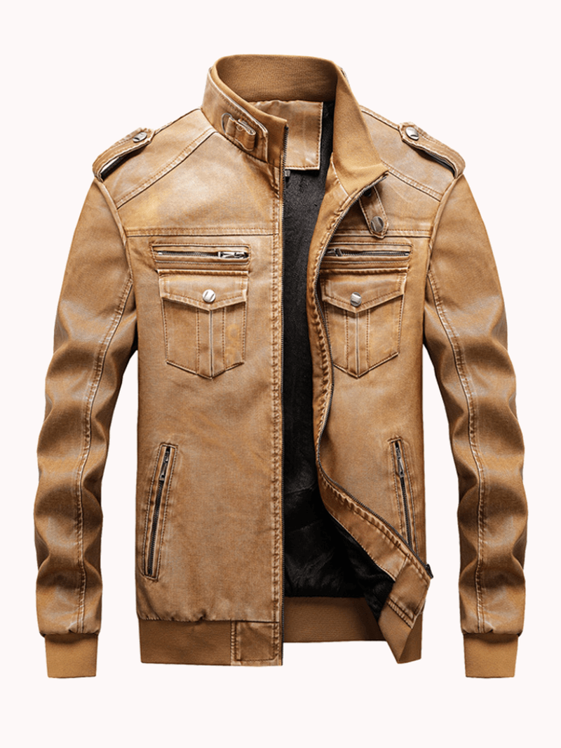 Mens Multi Pocket Zip-Up Windproof Warm Vintage PU Leather Jackets - MRSLM