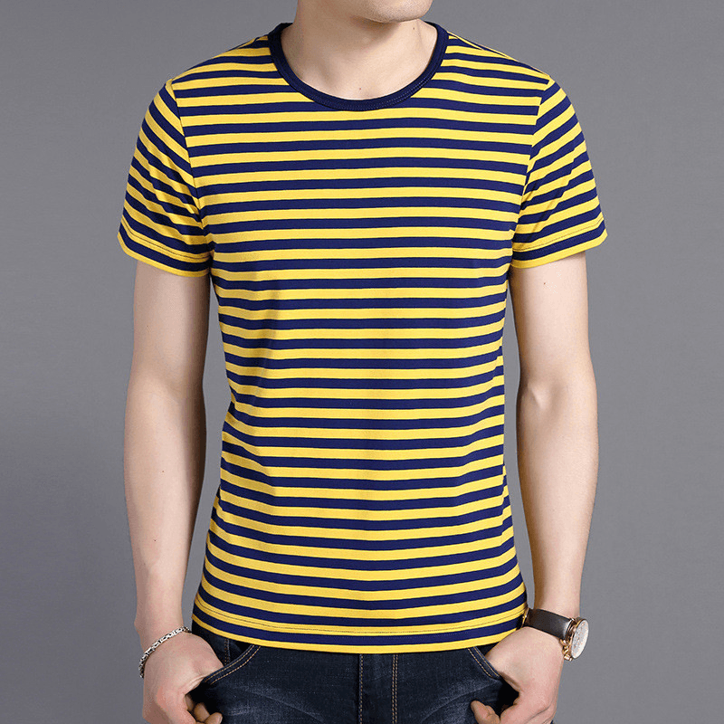 Round Neck Pullover Men'S Short-Sleeved T-Shirt Korean Style Slim Men'S Stripes - MRSLM