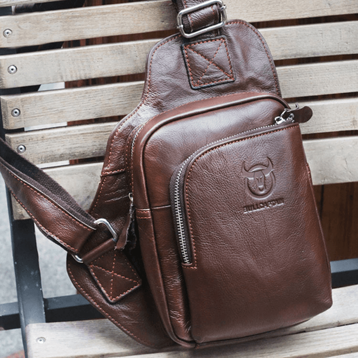 Bullcaptain® Men Genuine Leather Sling Bag Business Casual Outdoor Chest Crossbody Bag for Ipad Mini - MRSLM