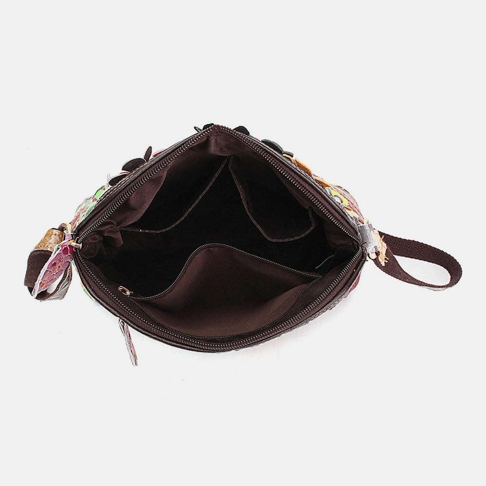 Women Floral Vintage Genuine Leather Crossbody Bag Girls Casual Shoulder Bag - MRSLM