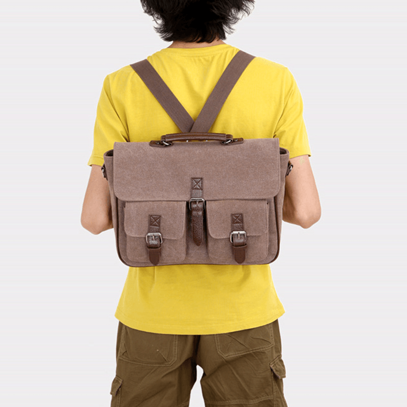 Men PU Leather Canvas Large Capacity 14 Inch Multifuntion Briefcase Crossbody Bags Handbag Backpack - MRSLM