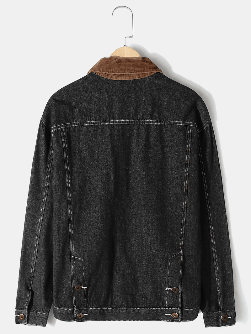 Mens Label Pattern Patchwork Lapel Long Sleeve Black Denim Jacket - MRSLM