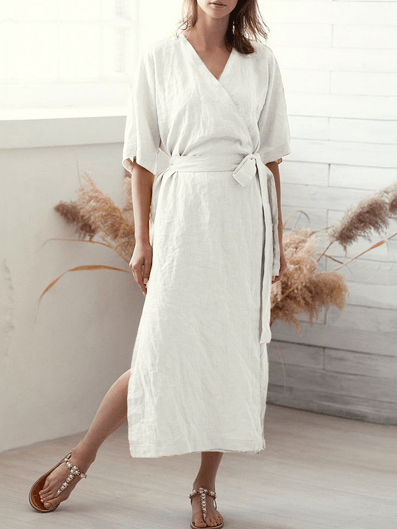 Women Casual Loose Cotton Pure Color Half Sleeve Dress - MRSLM