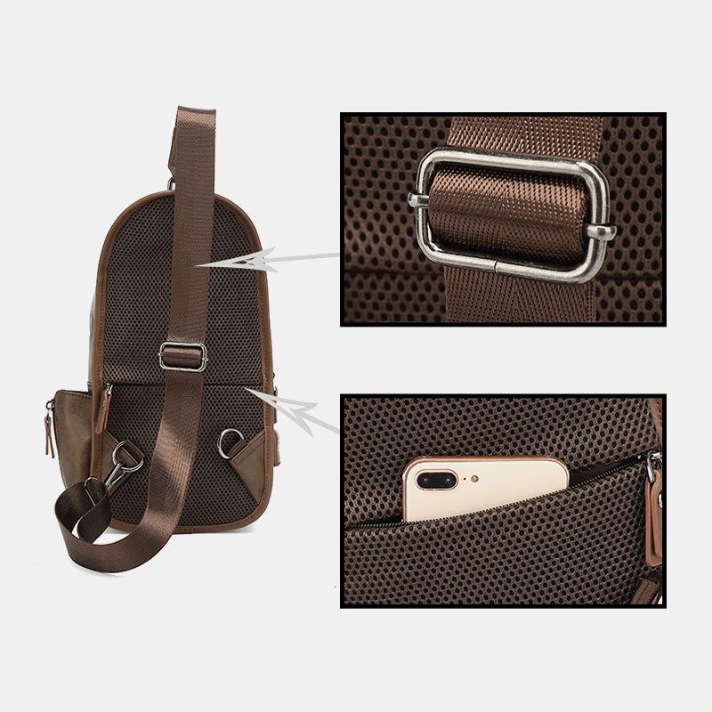 Men PU Leather Vintage Multifunction Earphone Hole USB Charging Crossbody Bag Chest Bag Sling Bag - MRSLM
