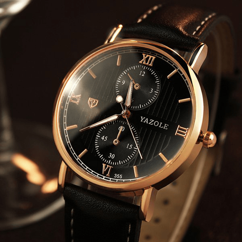 YAZOLE 355 Men Watch Luminous Fashion Classic Leather Strap Male Quartz Wrist Watch - MRSLM