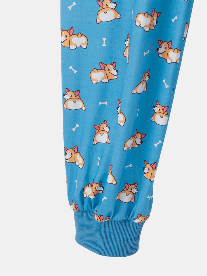 Women Cartoon Dog Print Short Sleeve Cute Cuffed Pants Pajamas Sets - MRSLM