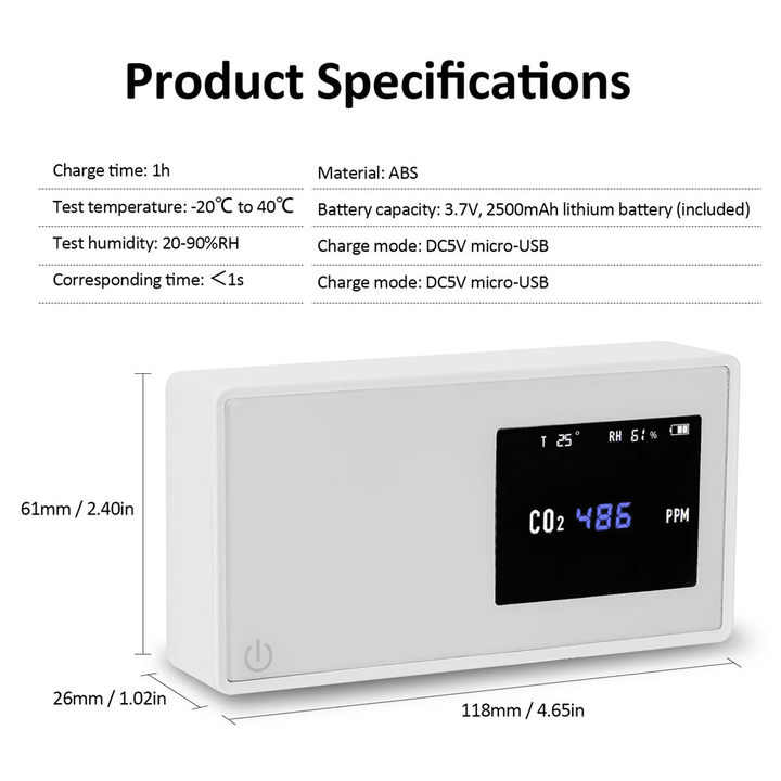 Household Air Quality Detector CO2 Tester with Electricity Quantity Temperature Humidity Display - MRSLM