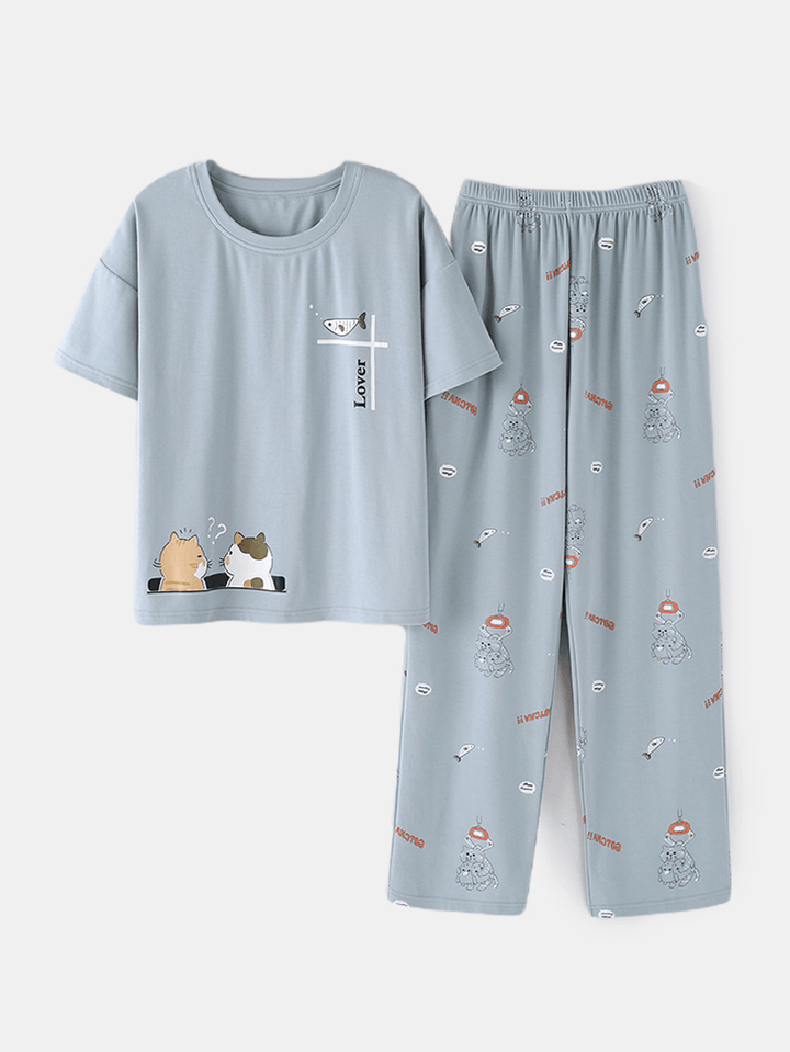 Plus Size Women Cute Cartoon Animal Print Cotton Short Sleeve Pajama Sets - MRSLM