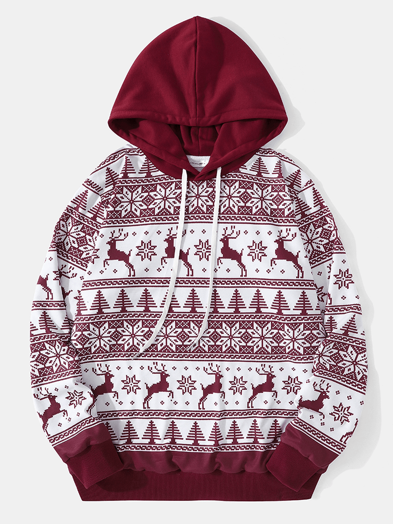 Men Christmas Deer Snow Drawstring Long Sleeve Hooded Sweatshirt - MRSLM