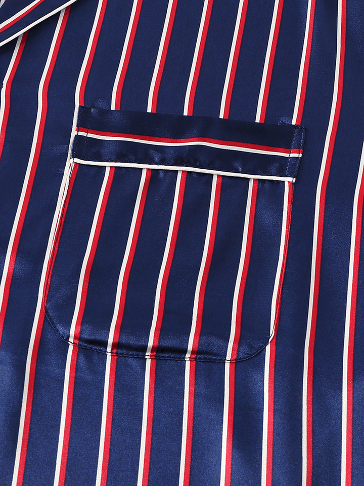 Mens Basic Striped Silk Thin Long Sleeve Home Casual Pajama Set - MRSLM