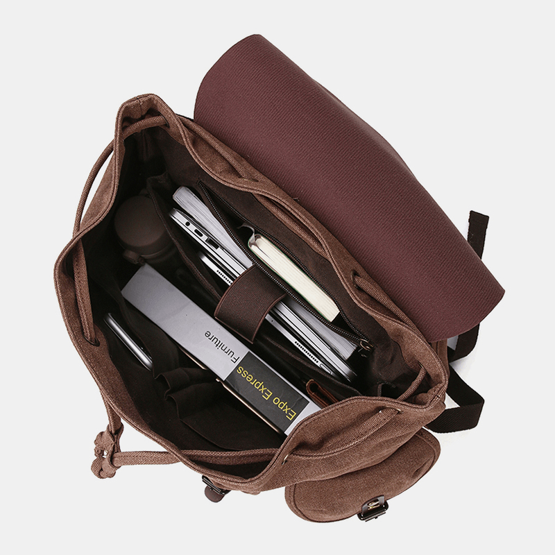 Men Oil Wax Canvas Casual Waterproof Multi-Pocket Backpack Large Capacity 15.6 Inch Laptop Bag Shoulder Bag - MRSLM