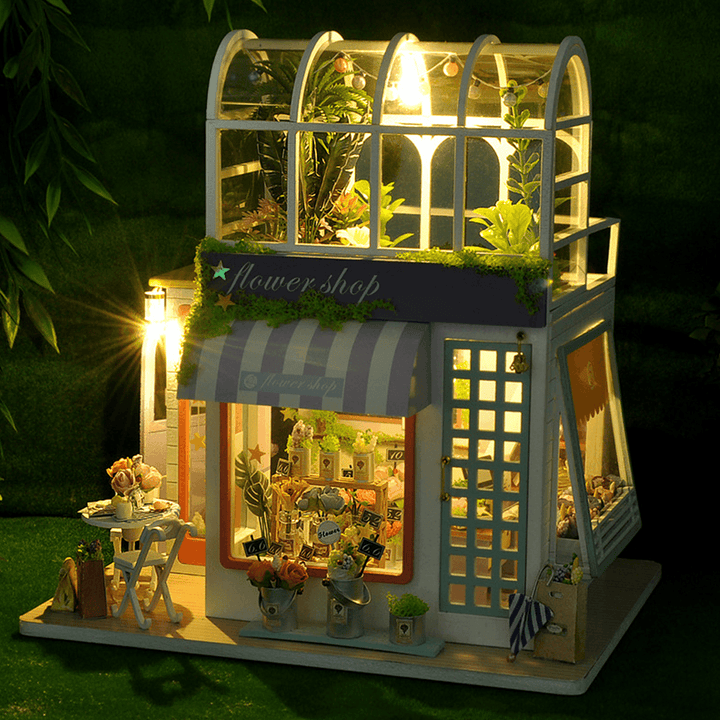 Flower Shop DIY Handmade Assemble Doll House Kit Miniature Furniture Kit with LED Lights for for Gift Collection House Decoration - MRSLM