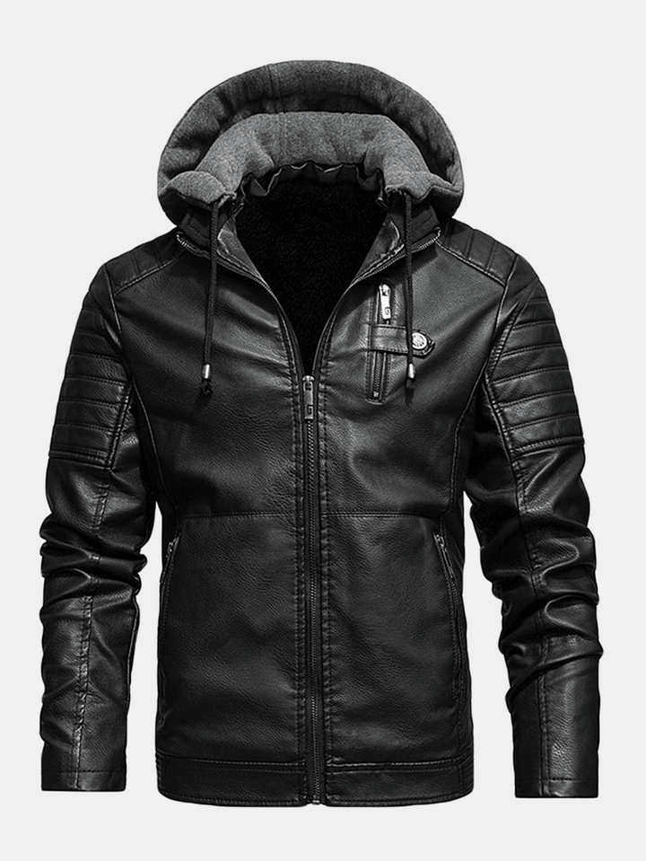 Mens PU Leather plus Velvet Zip Front Thicken Hooded Jackets with Zipped Welt Pockets - MRSLM