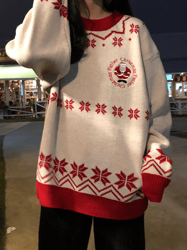 Women Christmas Father Snowflake Pattern Knitted Loose Drop Sleeve Sweaters - MRSLM