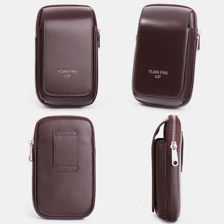 Men Vertical First Layer Cowhide Large Capacity Waist Bag 6.5 Inch Phone Bag Belt Bag - MRSLM