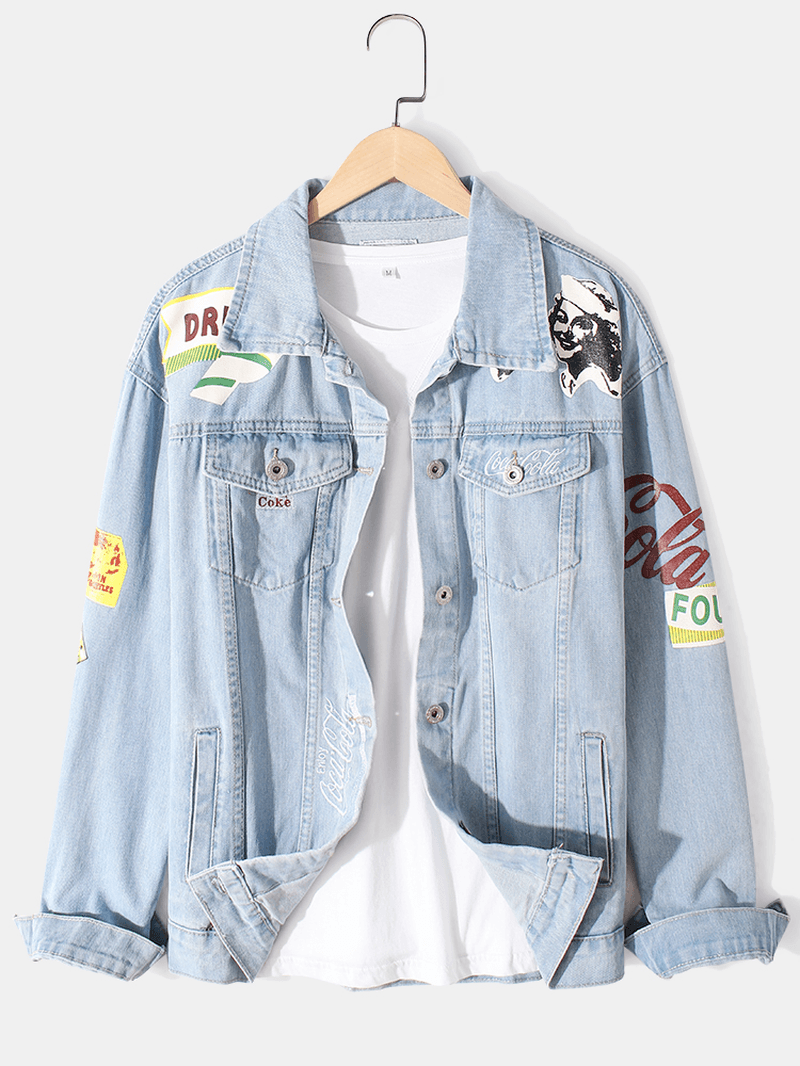 Mens Letter Pattern Print Embroidery Cotton Outdoor Stylish Denim Jacket with Pocket - MRSLM