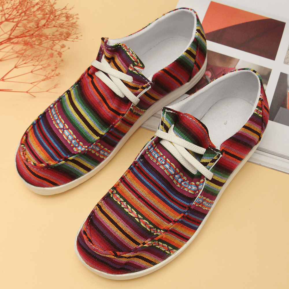 Women Large Size Stripe Printing Leopard Canvas Elastic Band Lace up Casual Flat Shoes - MRSLM