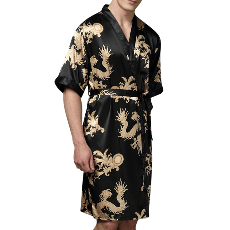 Mens plus Size Retro Luxury Stain Japanese Kimono Chinese Dragon Ice Silk Sleepwear Robes - MRSLM