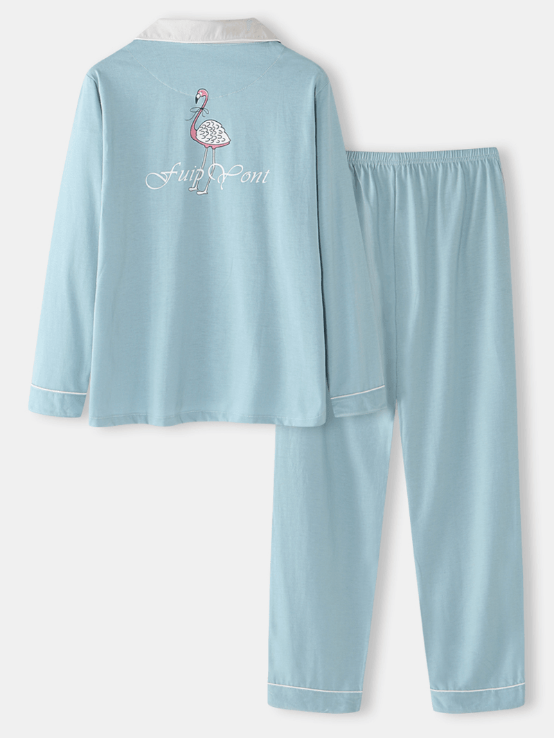Women Cotton Flamingo Pattern Solid Long Sleeve Button Two-Piece plus Size Home Pajamas Sets - MRSLM