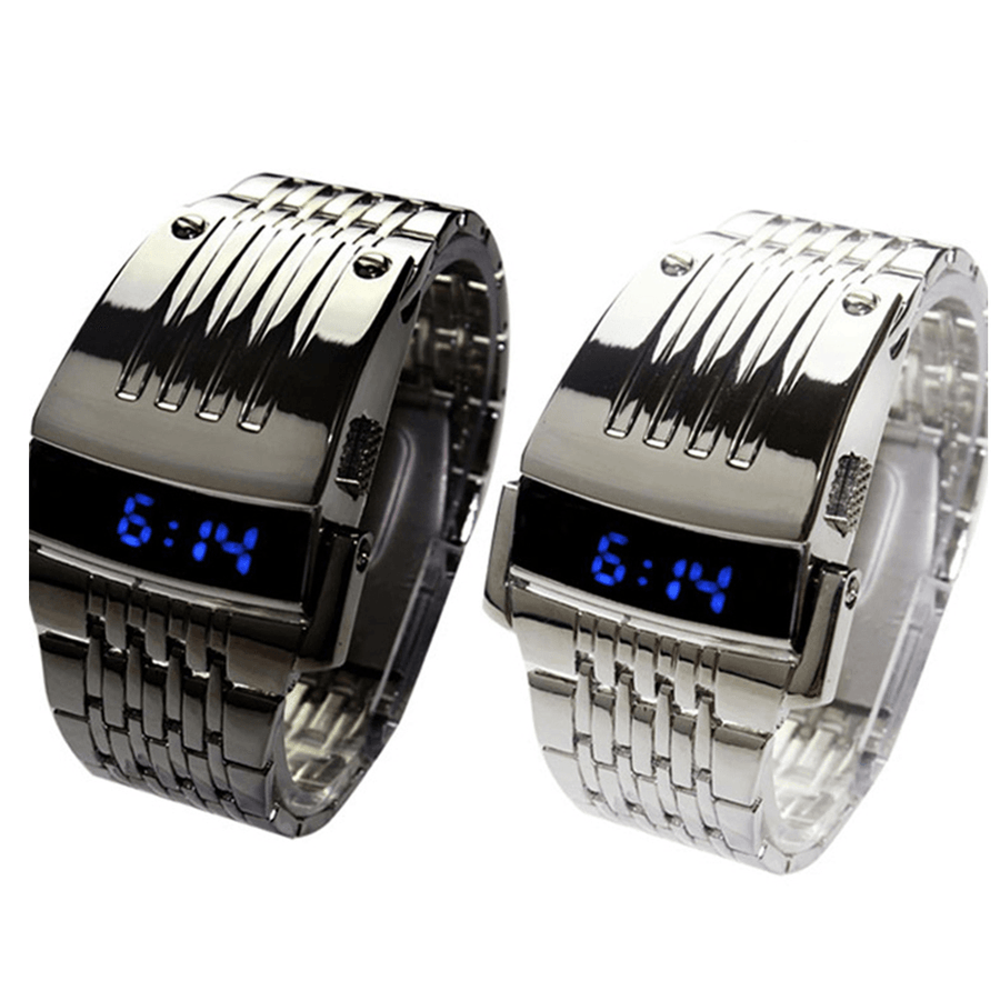 Binary Blue LED Display Men Business Watch Stainless Steel Electronic Digital Watches - MRSLM