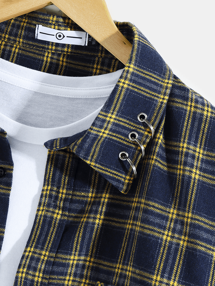 Mens Plaid Ring Detail Cotton Long Sleeve Shirts with Flap Pocket - MRSLM