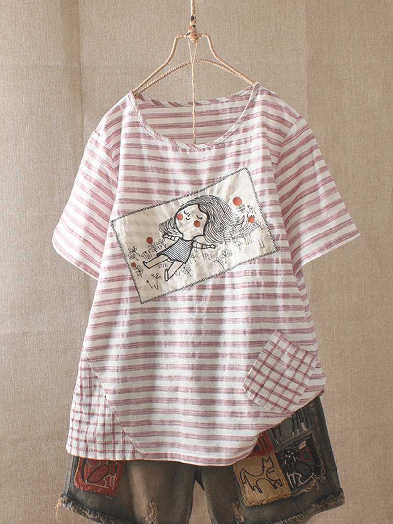 Print Striped Embroideried Cartoon Casual T-Shirts - MRSLM