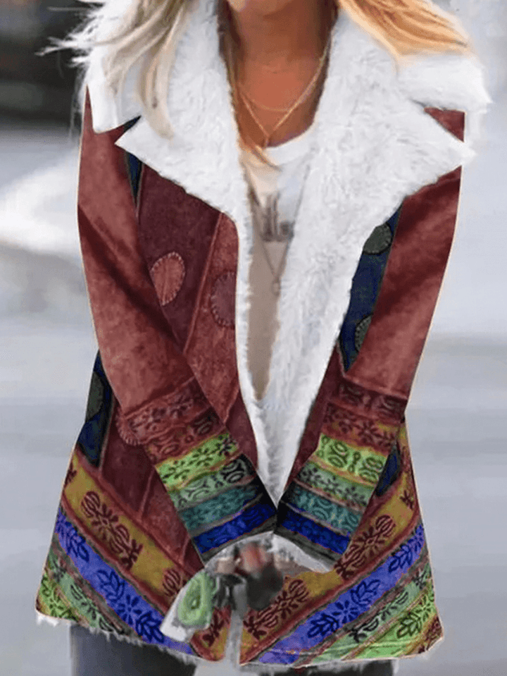 Women Ethnic Print Lapel Fleece Lined Thick Casual Coat - MRSLM
