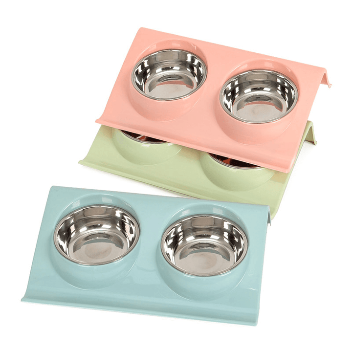 Oblique Design Anti-Splash Stainless Steel Pet Cat Dog Double Feeding Bowl - MRSLM