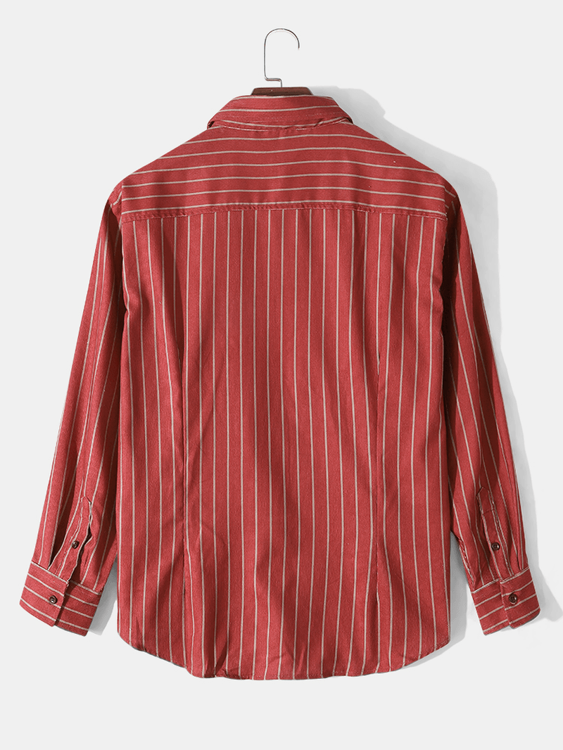 Men Corduroy Vertical Striped Button up Lapel Casual Shirt - MRSLM