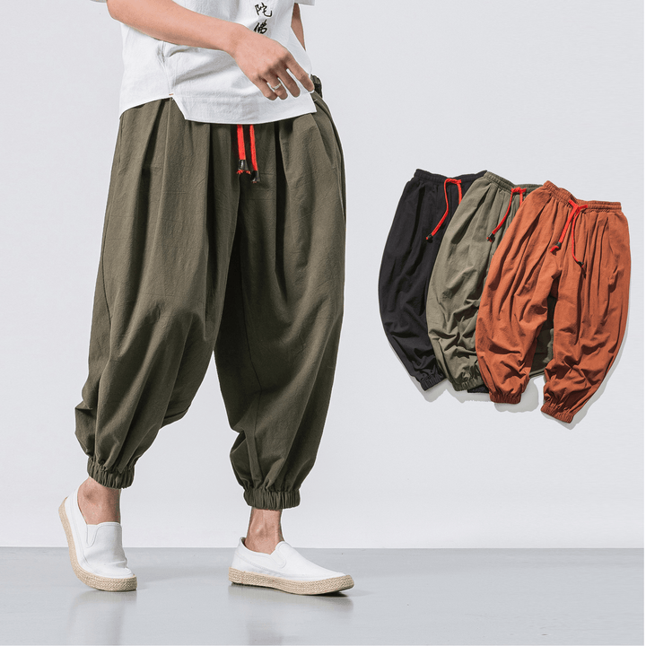 Four Seasons Cotton and Linen Trousers Loose Hanging Gear Men Flying Squirrel Pants Men - MRSLM