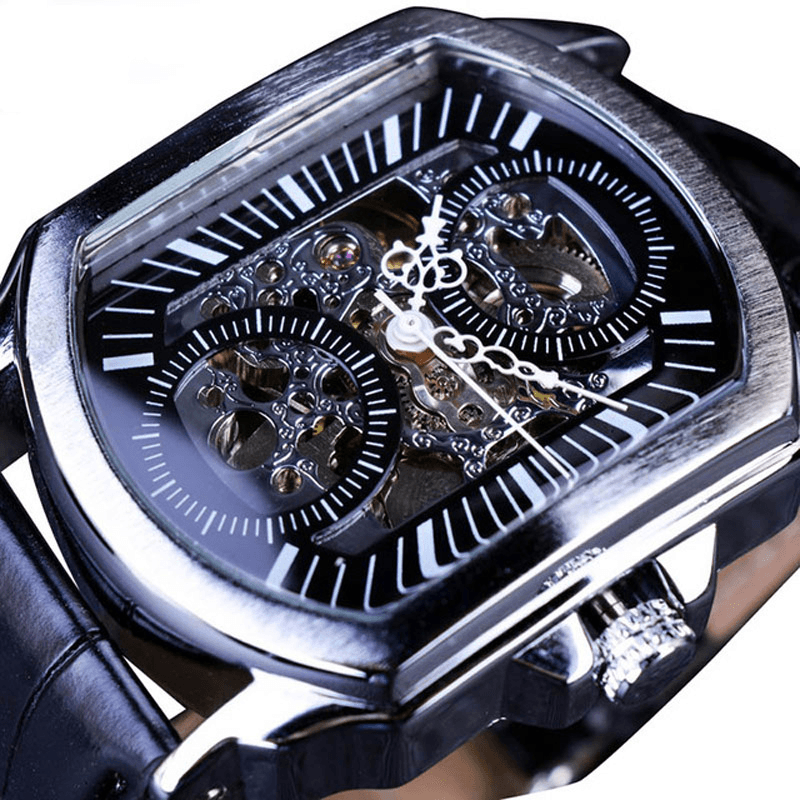 Forsining GMT911 Fashion Men Watch Hollow Engraving Design Leather Strap Mechanical Watch - MRSLM