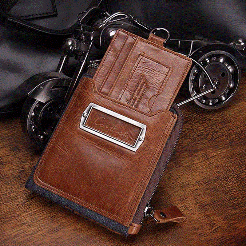 Men Genuine Leather Zipper Retro Business Multi Card Slot Leather Card Holder Wallet with Detachable Card Holder Bag - MRSLM
