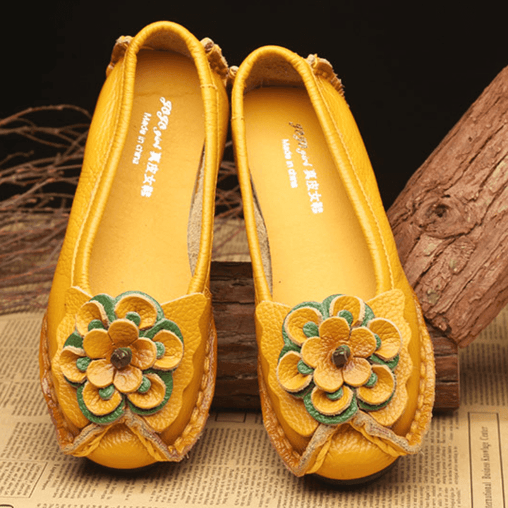 Women Shoes Casual Comfortable Floral Leather Flats - MRSLM