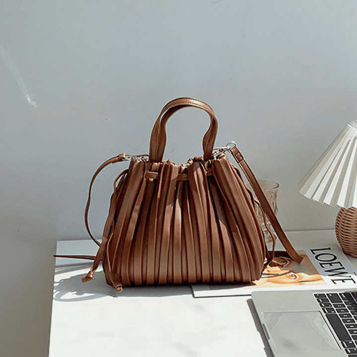 Women PU Leather Drawstring Stripe Crossbody Bag Shoulder Bag Handbag Ruched Bag - MRSLM