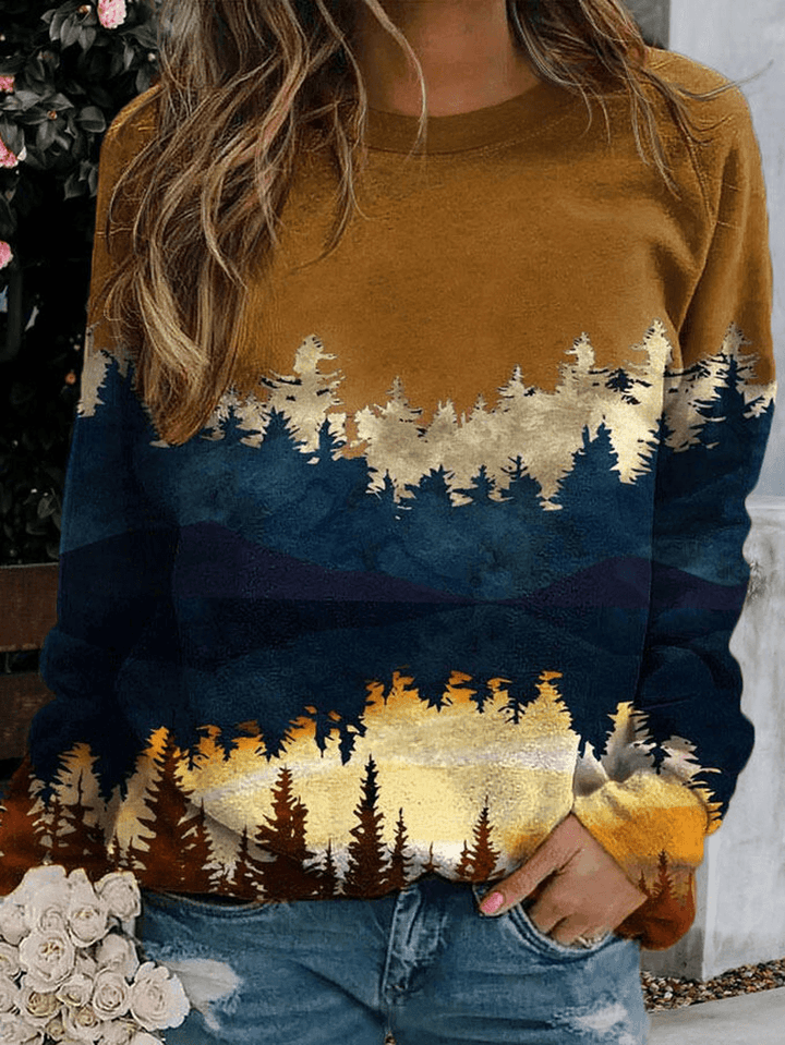 Women Landscape Print round Neck Pullover Casual Raglan Sleeve Sweatshirts - MRSLM