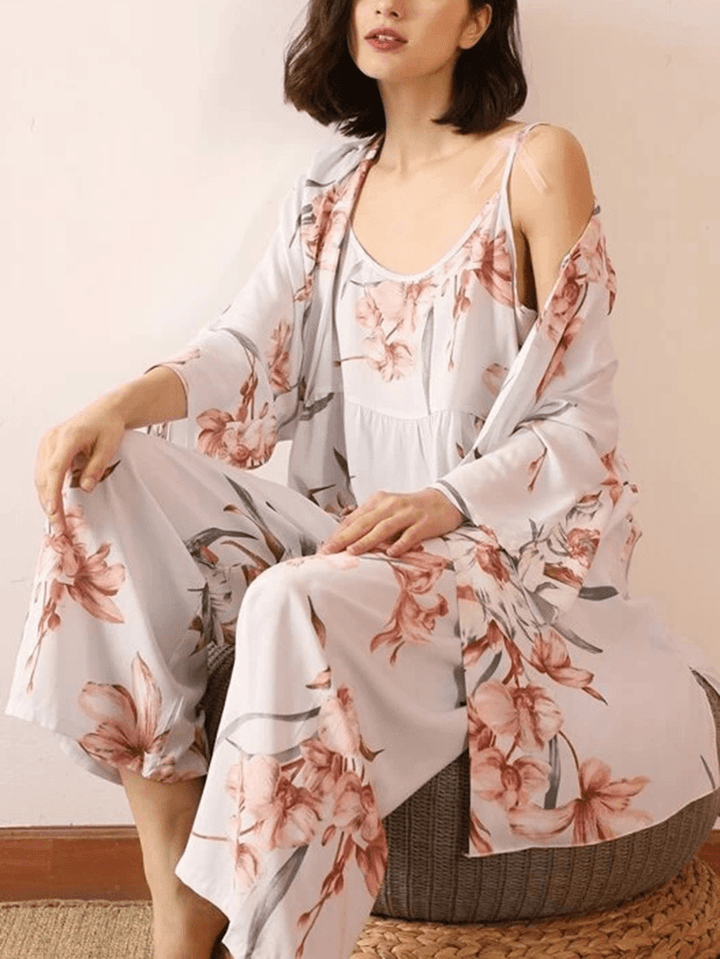 3Pcs Women Floral Print Sling Wide Leg Pants Open Front Robes Casual Home Pajama Set - MRSLM