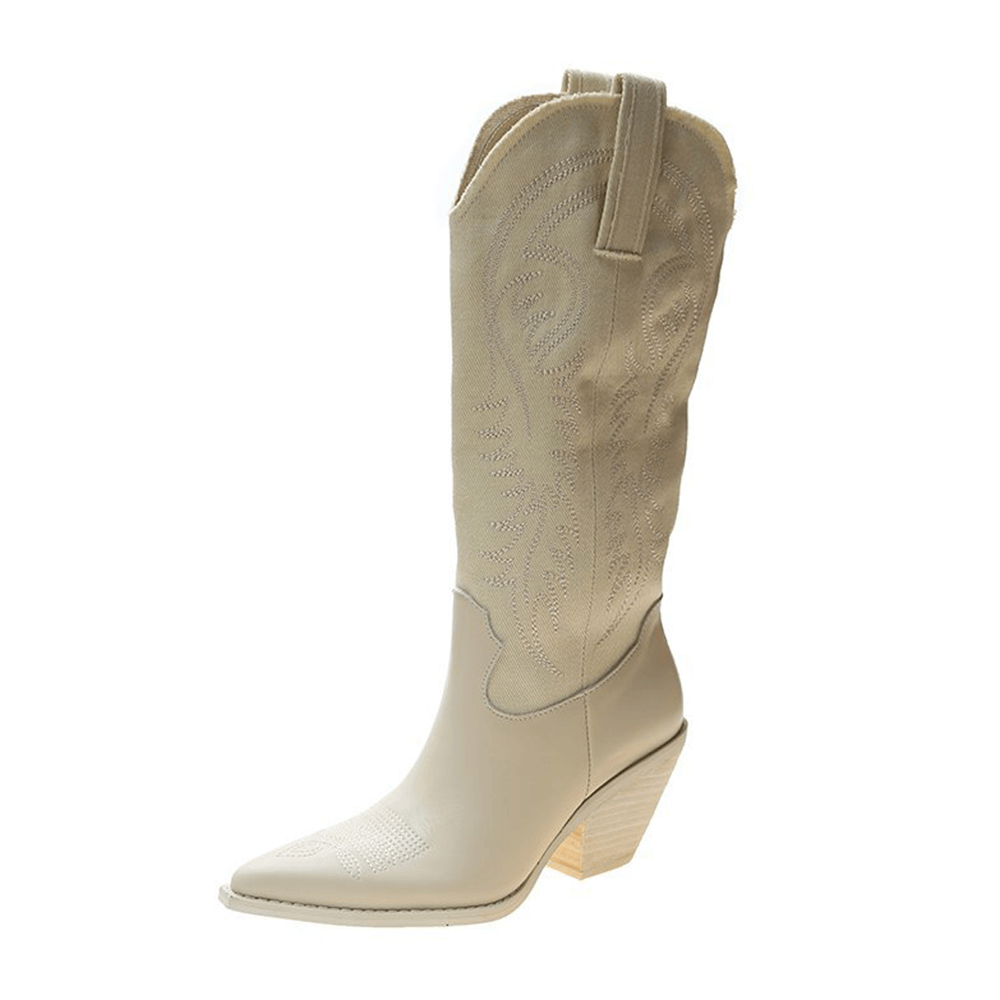 Women Embroidered Pointed Toe Chunky Heel High Cowboy Boots - MRSLM
