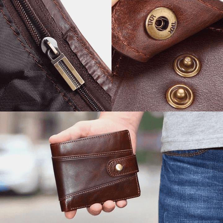 Men Genuine Leather Retro Business RFID Anti-Theft Multi-Slot Leather Cowhide Card Holder Wallet - MRSLM