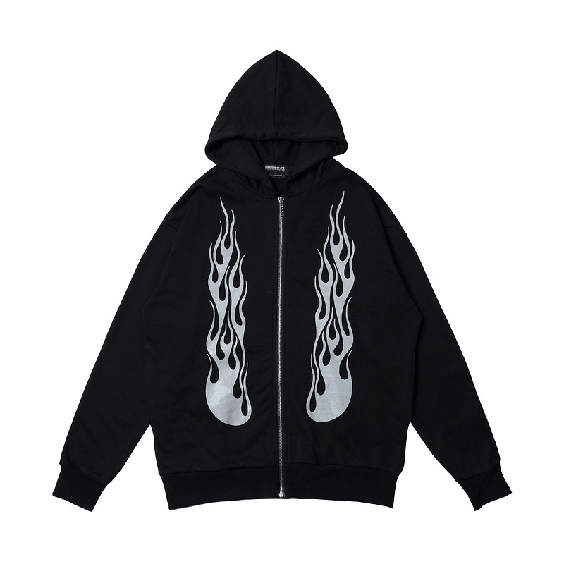 Dark Rock Reflective Flame Print Hoodie Men'S Sports Cardigan - MRSLM