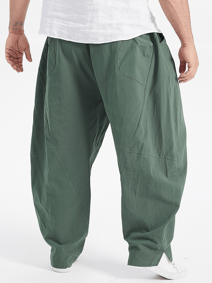 Plus Size Mens 100% Cotton Solid Color Loose Wide Leg Pants with Pocket - MRSLM