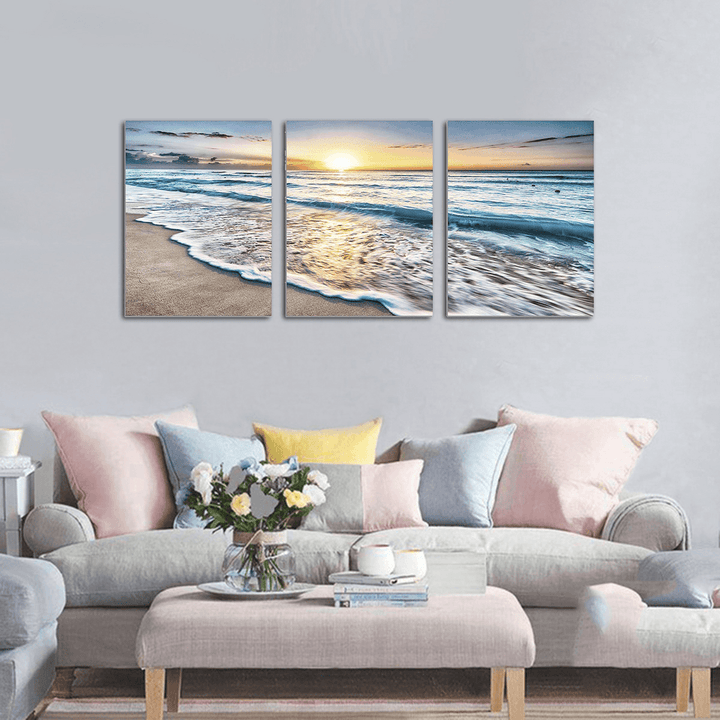Beach Canvas Wall Art Sunset Sand Ocean Sea Wave 3 Panel Home Picture Decor Paintings - MRSLM