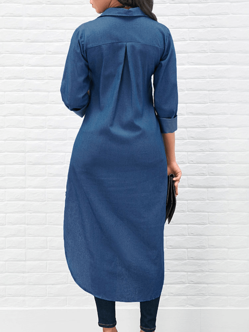 Long Sleeve Solid Color High-Low Hem Denim Shirt Dress - MRSLM