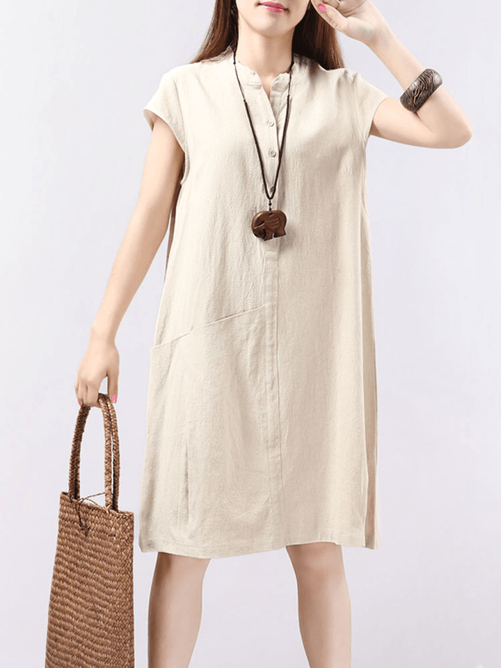 Women Short Sleeve Button Solid Color Casual Dress - MRSLM