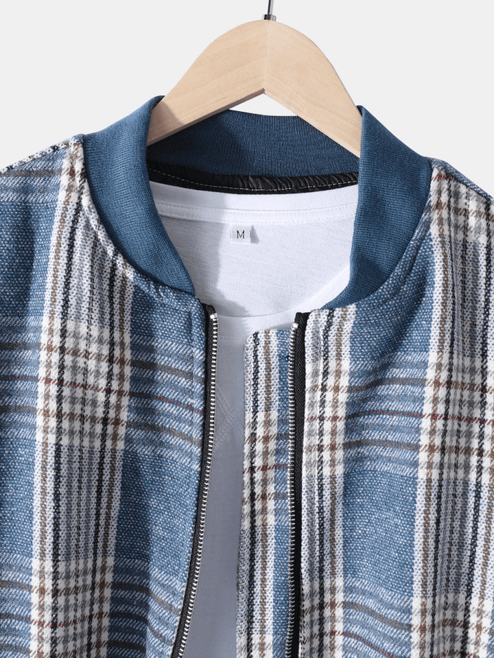 Mens Plaid Baseball Collar Zip Front Casual Jacket with Buttoned Pocket - MRSLM