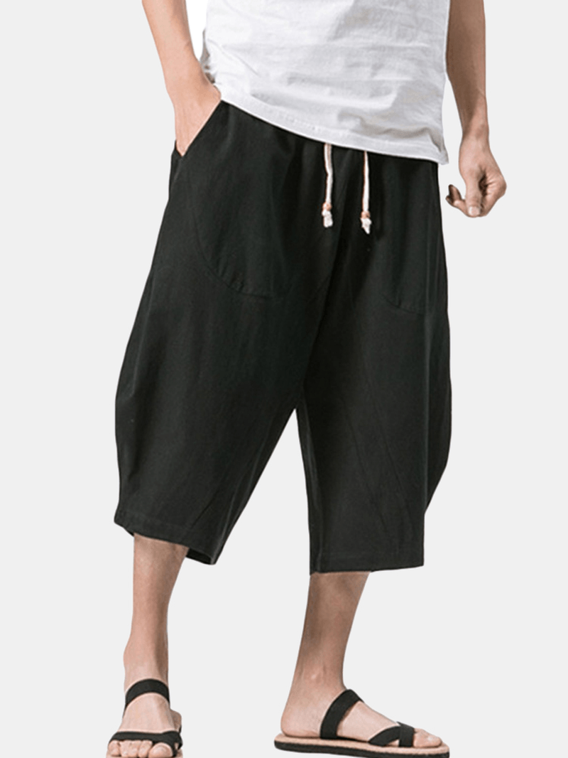 Stylish Mens Cotton Linen Baggy Loose Calf Length Pants Antibacterial Casual Shorts - MRSLM