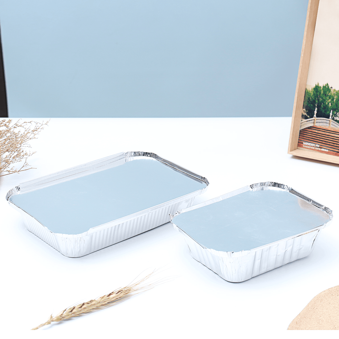 50PCS Aluminum Foil Trays BBQ Disposable BBQ Mat Food Container Baking Pan with Lids - MRSLM